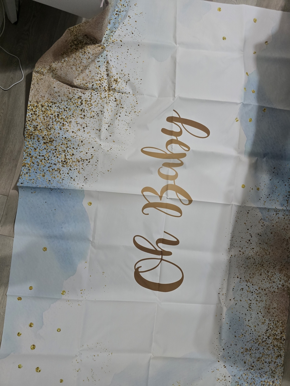 Oh Baby Party Backdrop - White, Gold & Light Blue